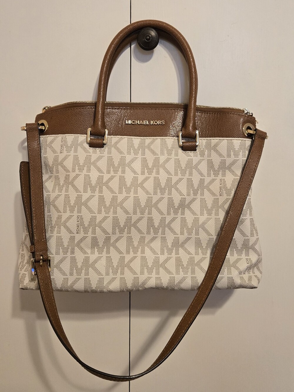 Authentic Michael Kors Brown and Ivory Aubrey Logo Satchel / Shoulder Bag